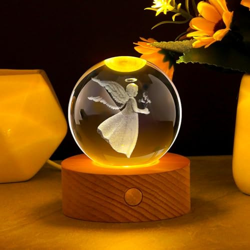3D Kristallkugel Nachtlicht, Little Angel Kristallkugel Mit Led-Licht | Led Glaskugel mit Licht, Betende 3D-glaskugel Mit Holzsockel, Glaskugel Lampe als Geschenke Kinder zur Taufe, Geburt, Ostern