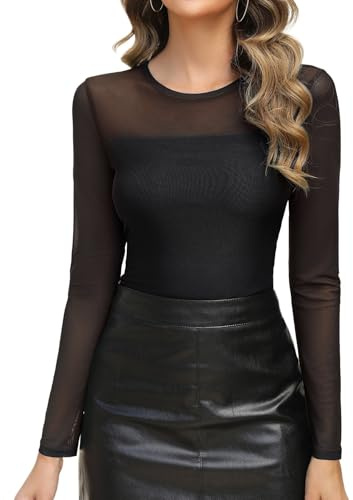 AKEWEI Ladies Sexy Long Sleeve Mesh Sheer Top Blouse for Party Club Night Out Double Layered Lace Tee(No Flower Black,S)