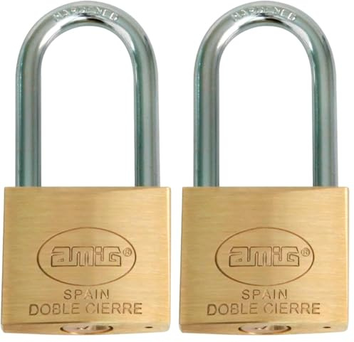 Amig - Candado de seguridad | Incluye 2 llaves | Arco largo | Latón y arco de Acero tratado | Para taquillas de gimnasio, puertas, armarios, maletas, mochilas | Ancho: 20 mm (Paquete de 2)