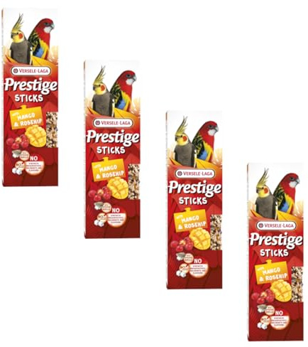 Versele-Laga Prestige Sticks Grandes Perruches à la Mangue & Églantier | Pack de 4 | 4 x 140 g | Snack pour Grandes perruches | sans sucres ajoutés ni conservateurs synthétiques