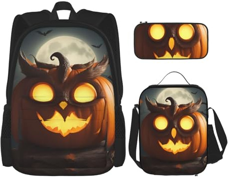 OXKGHHO Juego de mochila de trabajo con estampado de calabaza y búho, con lonchera aislada, correas ajustables, para gimnasio y uso diario, Negro -, Talla única