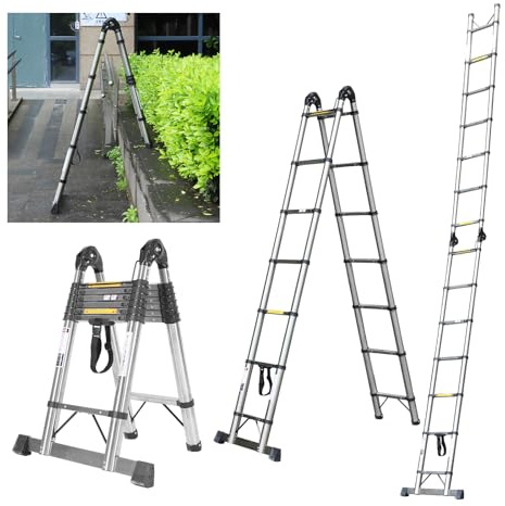 5,6 m (2,8 m + 2,8 m) Teleskopleiter, Aluminium, Teleskopisch, Mit Mobilen Rollen Und Stabilisator, Tragbar, A-Rahmen, Multifunktional, Tragfähigkeit 150 Kg (Silber)