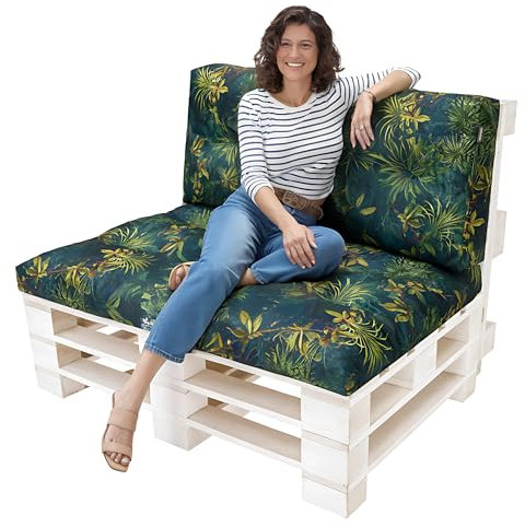 PillowPrim Palettenkissen Outdoor Kissen Set 2 x Rückenkissen 59 x 45 cm + 1 x Sitzkissen 118 x 79 cm Gesteppte Kissen gefüllt mit granuliertem Auflagen für Paletten Europaletten Palettensofa Grasgrün