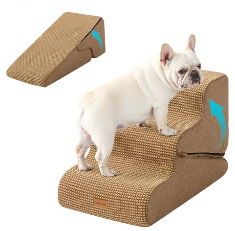 Gardner Pet Hundtrappa för små hundar 35/42 cm, husdjurstrappa hundtrappa 3 steg, hundramp av skum med hög densitet med halkfritt vattentätt tygskydd för säng, soffa, soffa och bil