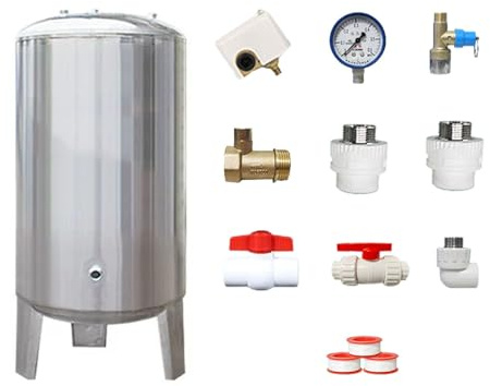 guoyjmm Druckbehälter Druckkessel Druck Wasser-Speicherbehälter 60L-300L, Edelstahl Hohe Vordruckbehälter Tragbar, Druckspeicher, mit Komplettem Installationssatz,60L/15.8Gal-40x60cm