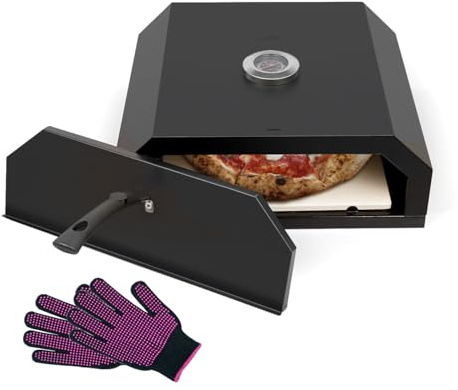 PAXLINSEN 12-Zoll-Pizzaofen mit Griff und einem Paar Handschuhen, tragbares Pizzaofen-Zubehör, inklusive Pizzastein und Thermometer, geeignet Garten Terrasse, Hinterhof, Camping