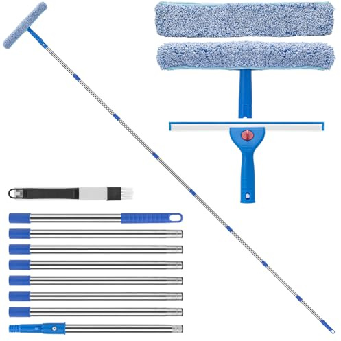 3m Fensterreiniger mit Langem Griff, Profi Fensterputzer mit Fensterwischer & Einwascher, Fensterabzieher für Bad, Dusche, Hohe Fenster, Glas, Spiegel und Auto Reinigung