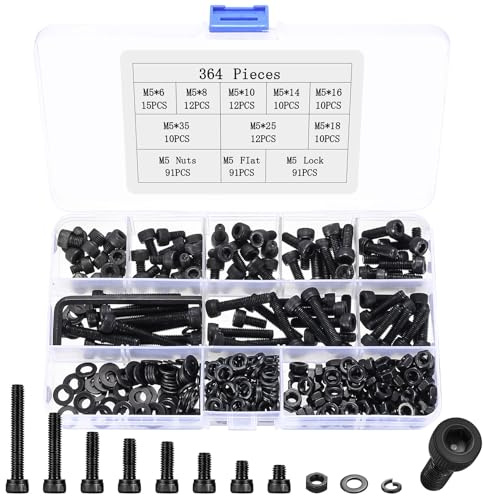 364 Stück M5 Schrauben Set Schwarz, Zylinderkopfschrauben Muttern Sets, Sechskantschrauben Sets, Metrisch Zylinderschrauben mit Innensechskant Schrauben Set und Unterlegscheiben Sortiment