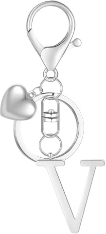 MWOOT SchlüSselanhäNger Personalisiert,Herz SchlüSselanhäNger,Keychain Edelstahl Anhänger,Silberner Schlüsselring Buchstabe V, Name Initiale Geschenk für Männer Frauen (V)