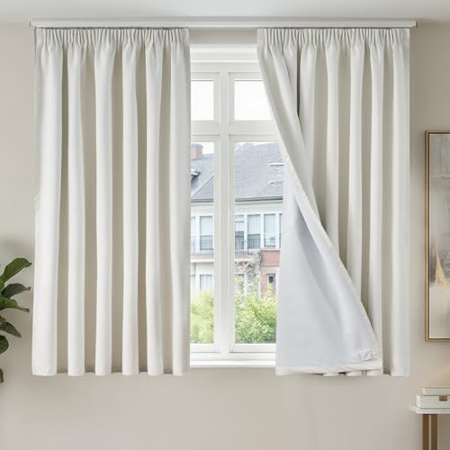 TOPICK 100% Blackout Curtains for Bedroom 54 Inch Drop, Linen Texture Thermal Curtains with Coating Back, Soft Pencil Pleat Soundproof Curtain 2 Drapes for Living Room, White, W46 x L54 Inch