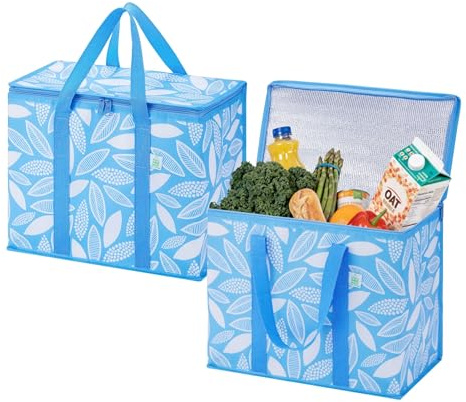 VENO 2 Pack Insulated Cooler Bag, Reusable Grocery Shopping Bag for Food Delivery, Heavy Duty, Large Size, Durable Handles, Double Zippers, Lid, Collapsible (Spring Breeze, 2 Pack)