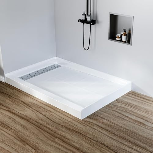 48 x 32 Shower Base - Left Drain with Non Slip Shower Pan, 304 Stainless Steel Square Drain Cover, Single Threshold Shower Tray Kit, White