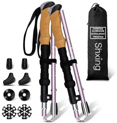 Bastones de Trekking Plegables (Juego de 2), Carbono 3K y Aluminio 7050, Ajustables 110-135 cm, Empuñadura de Corcho + Extensión EVA, 35 cm Plegados, para Senderismo, Viaje y Marcha Nórdica, Rosa