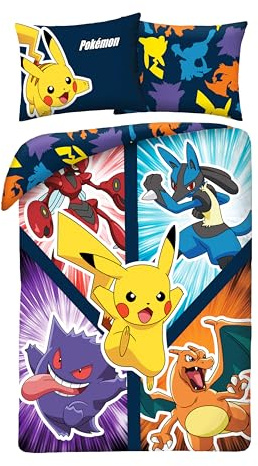 Pokémon Bettwäsche 135x200+80x80 – 100% Mikrofaser – Pikachu | Wendebettwäsche | Schnelltrocknend | Lucario Gengar Glurak Scherox | 135x200+80x80 cm | Kinder | Einzelbett