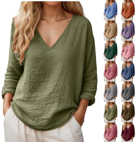 Chemise Femme Lin Manches Longues Tunique T-Shirt Col V Blouse Élégante Top Femme Coton Et Lin Léger Tee Shirt Couleur Unie Décontractée Haut Casual Ample pour Printemps Automne Grande Taille S-XXXL
