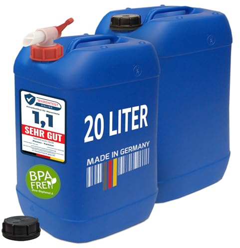 plasteo 20 Liter Getränke Wasserkanister mit 1 Hahn und Schraubdeckel (DIN 61), Blau