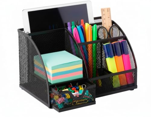 Osco Small Wiremesh Desk Organiser, Metal Mesh Pen Pot Desk Tidy with 6 Compartments & Single Drawer, Desktop Stationery Storage for Office & Home, Black