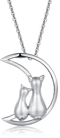jiamiao Katthalsband för kvinnor och damer, katt- och fisk-halsband, katt, måne, halsband, sterling silver, kattsmycken för kvinnor, flickor, två katter, hänge, Sterlingsilver, 925 sterling silver