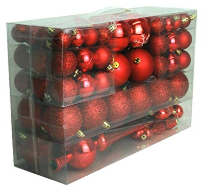 101 teilig Weihnachtskugel Herz Kugel mit Schneeflocke Christbaumspitze mit 100 Metallhaken Anhänger Baumschmuck Weihnachten (Rot)