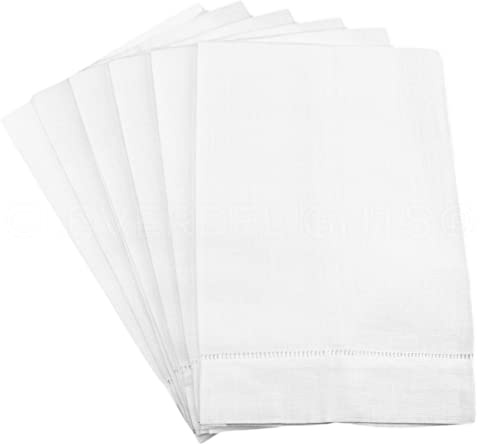 CleverDelights White Hemstitched Hand Towels - 6 Pack - 14 x 22 - 45/55 Cotton Linen Blend