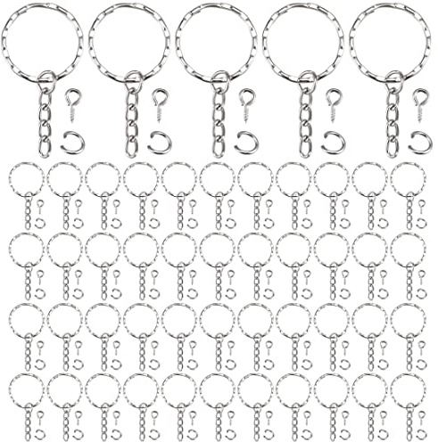 LEEQ 50 Stück Schlüsselanhänger Ringe Spaltschlüsselringe mit Gliederkette, 50 Stück offene Binderinge und 50 Stück Schrauböse Pins zum Basteln, 25 mm Durchmesser