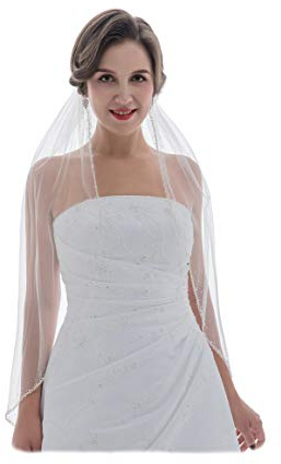 SAMKY 1 Etagen breiter Kristallperlen Perlenrand Hochzeit Schleier - Elfenbein - Fingertip Länge 91 cm
