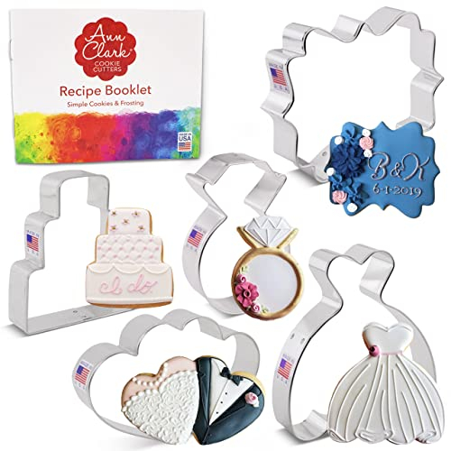 Ann Clark Cookie Cutters Juego de 5 cortadores de galletas de boda fabricados en los Estados Unidos, placa cuadrada, pastel de boda, vestido de novia, anillo de diamante, corazón doble