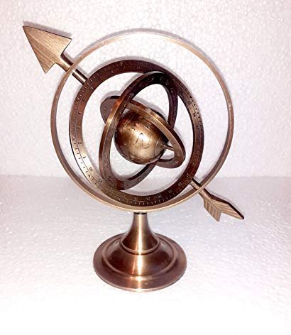 Ganga Nautical Esfera armilar de latón antiguo marrón antiguo de 8 pulgadas con flecha de reloj de sol, astrolabio marítimo náutico, grabado, astrológico, estrellas, globo, decoración del hogar,