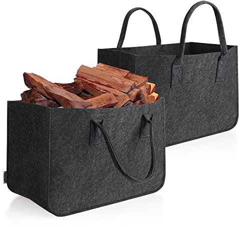 COM-FOUR® 2x Filz-Tasche xxl für den Einkauf, Zeitungen, Papier, Spielzeug, Picknick oder Strand, robust aus dickem Filz, perfekte Kaminholz-Tasche für Brennholz (02 Stück anthrazit 44x30cm)