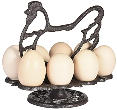Perfect Flower Portauovo robusto in ghisa, per cucina e sala da pranzo, organizzazione delle uova, porta uova e uova a forma di gallo, capacità 8/12