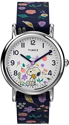 Timex Womens Watch Peanuts Weekender Casual Ladies Wristwatch - Featuring Snoopy and Woodstock in a Floral Motif, Silver-Tone Case with Blue Fabric Strap (31mm)