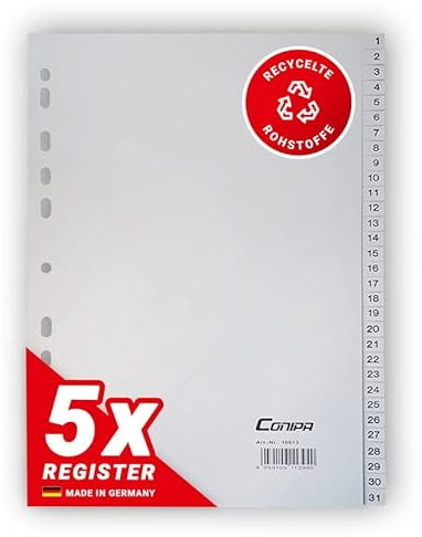 Conipa® - 5er Set 1-31 Register für Ordner DIN A4 (MADE IN GERMANY) - Ordner-Registerblätter & Trennblätter mit Zahlen (nummeriert) Kunststoff (PP) - Trennregister Akten, Ringbücher & Hefter (Grau)