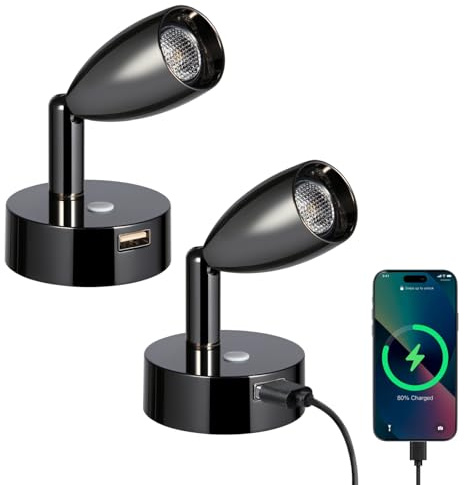 acegoo Lampe de Lecture LED 12V Camping-Car avec Chargeur USB Lit Murale Chevet Spot, Dimmable DC12-24V pour Bateau Cabine Camion Van Caravane (Noir Brillant, 2 Pcs)