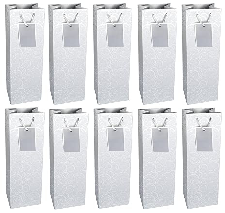 Ideen mit Herz Geschenktaschen | 36 x 12 x 10 cm | Geschenktüten für Flaschen | 10 Stück | ideal zum Verschenken von Wein, Sekt & Champagner (silber | Metallic Ornamentik)