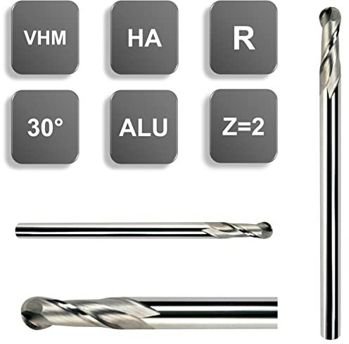 VHM CNC Radiusfräser, extralang 3/4/6/8/10/12 mm, Z=2 scharf geschliffen für Alu (3,0 R1,5 x 10 x 60 - d2=6 mm)