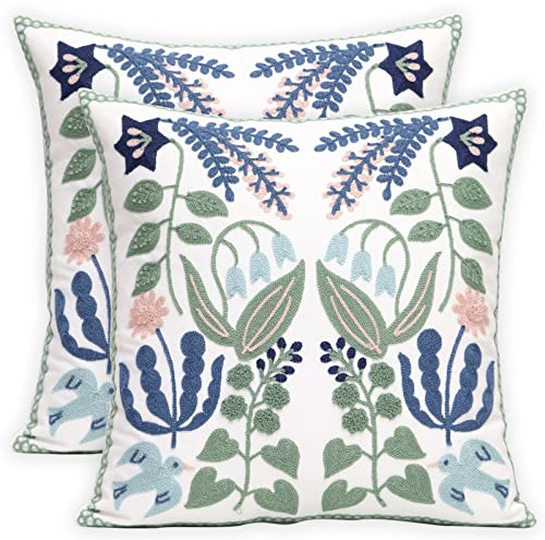 Pilmandu Pack of 2 Embroidered Decorative Throw Pillow Cover 18x18 Inch Farmhouse Floral Pillowcase for Living Room Sofa Bed (Bird Flower)