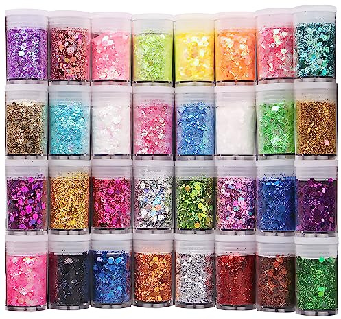 Nuangoo Glitter Polvere 32 Colori Set di Polvere Glitter Decorazioni,paillettes per unghie per Faccia,Corpo,Costumi,Trucco,Pittura