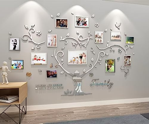 Wandtattoo Baum Wandaufkleber Family Stammbaum - 3D DIY Wandsticker Wall Stickers 15x20 13x18 10x15 Wanddeko Deko Wandtattoo Baum für Wohnzimmer Schlafzimmer Sofa Wandbilder Silbrig （137 * 210 cm）