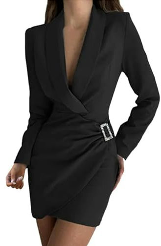 2023 Otoño Mujer Blazer Vestido Elegante Manga Larga con Cuello En V Hebilla Frente Vestido Ajustado Oficina Dama Ropa De Trabajo Vestido Delgado Vestidos-Negro-S