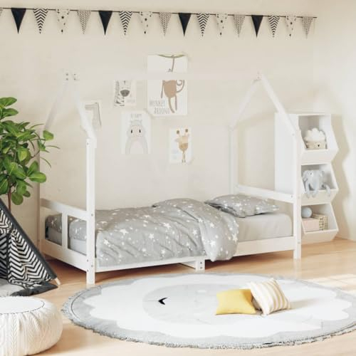 Festnight Kinderbett aus Holz 80x160 cm Hausbett für Jungen & Mädchen Kinder Bett Jugendbett mit Rausfallschutz Bodenbett Massivholz Holzbett Bettgestell mit Lattenroste Bettrahmen Weiß
