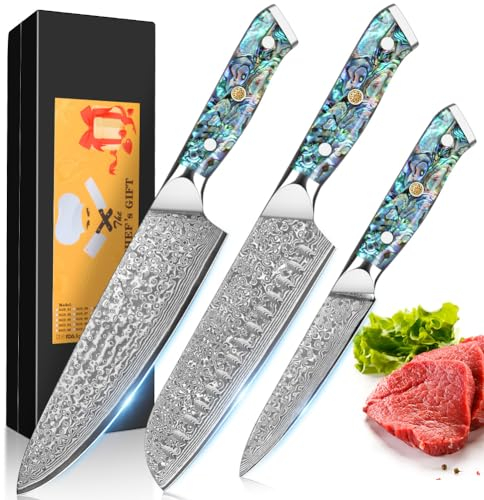 3PCS Knife Set,12.4-19.9cm Damascus Chef's Knife Set Made of 67 Layers of VG-10 Damascus Steel Kitchen Knifes Set with Ergonomic Abalone Shell Handle, for Home Restaurant, Gift Box
