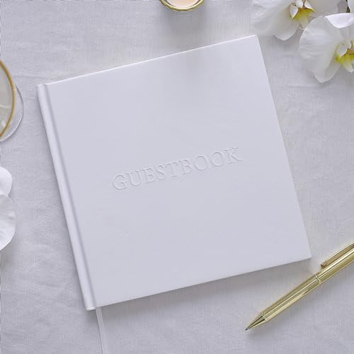 Ginger Ray White Embossed Wedding Guest Book with 32 Gold-edged Pages & White Ribbon Bookmark