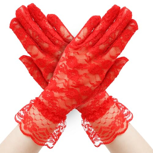 SycloPak Guanti Pizzo,Rosso Guanti In Pizzo Da Donna,Guanti Corti In Pizzo,Guanti Bianchi Da Cerimonia,Guanti Donna Eleganti,Rete Floreale Guanti Sposa Opera Feste Di Nozze Protezione Uv Estivi