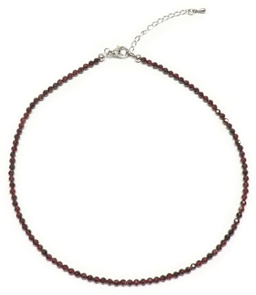 Collier Ras de Cou en GRENAT avec chaînette d'extension - Perles facettées de 3mm - Pierre naturelle - Acier inoxydable (Taille : de 35cm à 40cm)