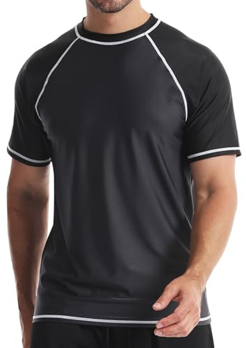 Danfiki Herrars badtopp utslag väst vattensport utslag skydd simskjortor solskydd surfing t-shirt löpning sport topp snabbtorkande kortärmad, Svartgrått lapptäcke, XXL
