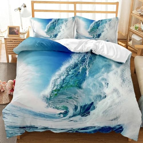 LUYAPOND Sommerbettwäsche 155x220 Ozeanwellen Blau Bettwäsche 155x220 Set, Weich Atmungsaktive Mikrofaser Bettbezüge, 1 Bettbezug mit Reißverschluss + 2 Kissenbezug 80x80 cm