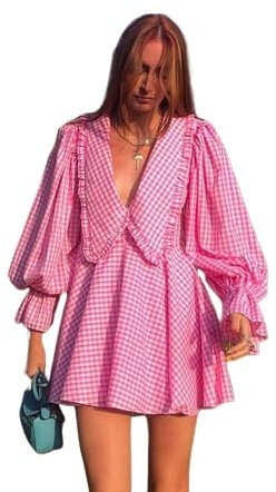 Alafime Dam Fairycore Gingham Babydoll-klänning Y2k lös långärmad miniklänning sommar Harajuku volang V-ringad kort klänning, Rosa, S