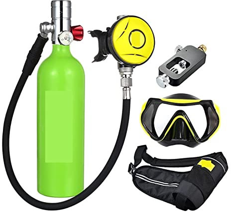 DIKAMAN Mini Bouteille de plongée, Bouteille D'oxygène De Plongée sous-Marine Capacité 1L Respirateur De Plongée Portable pour l'exploration sous-Marine et Le Sauvetage(Green Bottle Silver Head)