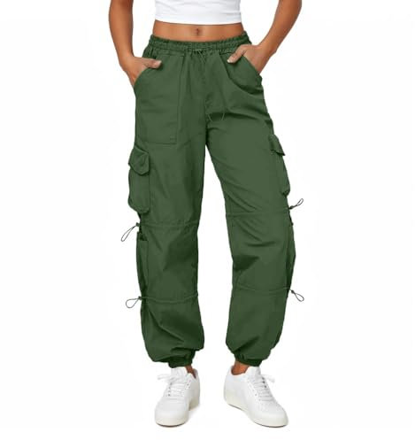Friptspyg Cargohose Damen Leichter Trekkinghose mit Tasche Wanderhose Schnelltrocken Wasserdicht Einstellgurt Outdoor Hosen Sportlich Jogginghose, Olivgrün S