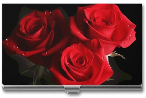 JTKBNVM Visitenkartenetui für Männer und Frauen, rote Rosen, Visitenkartenetui, Metall, Visitenkartenetui, Namenskartenhalter, Schnalle, Stil, Aluminium, Stil, Einheitsgröße
